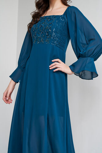 Teal Solid Flared Gown, Teal, image 6